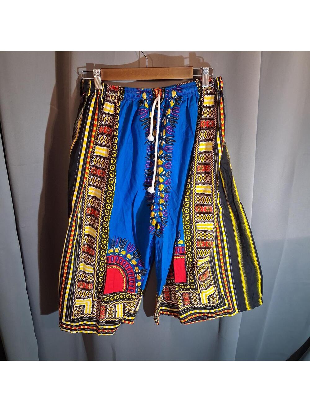 Blue Multi-Color African Print Cotton Capri Pants Size Waist 30 - Picture 4 of 6